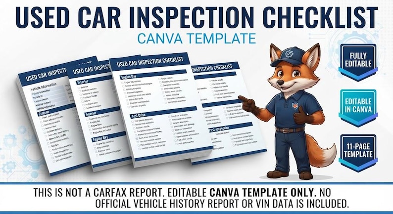 Peut inclure: Un mod&egrave;le Canva de liste de contr&ocirc;le pour l'inspection de voitures d'occasion, compos&eacute; de plusieurs pages empil&eacute;es avec des sections pour les informations du v&eacute;hicule, l'ext&eacute;rieur, l'int&eacute;rieur, le moteur et l'essai routier. Un renard en uniforme bleu.