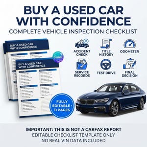 Peut inclure: Un mod&egrave;le de liste de contr&ocirc;le d'inspection de v&eacute;hicule num&eacute;rique intitul&eacute; BUY A USED CAR WITH CONFIDENCE. Le document comprend des sections pour l'ext&eacute;rieur, l'int&eacute;rieur, le moteur et l'essai routier. Une berline bleu fonc&eacute; est illustr&eacute;e.