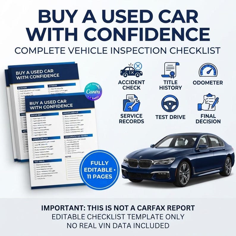 Peut inclure: Un mod&egrave;le de liste de contr&ocirc;le d'inspection de v&eacute;hicule num&eacute;rique intitul&eacute; BUY A USED CAR WITH CONFIDENCE. Le document comprend des sections pour l'ext&eacute;rieur, l'int&eacute;rieur, le moteur et l'essai routier. Une berline bleu fonc&eacute; est illustr&eacute;e.