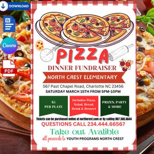 Bearbeitbare Pizza Dinner Fundraiser Flyer Ticket, PTA PTO Schulkirche Charity Event Fundrafting, Pizza-Menü, Printable Sofort Download