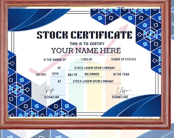 Editable Stock Certificate Template: Printable Share Certificate (11x8.5 inch)
