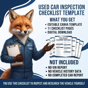 Peut inclure: Un mod&egrave;le num&eacute;rique de liste de contr&ocirc;le pour inspection de voiture d'occasion avec un renard illustr&eacute; en uniforme bleu de m&eacute;canicien tenant un presse-papier. Le texte inclut USED CAR INSPECTION CHECKLIST TEMPLATE et 11 CHECKLIST PAGES.