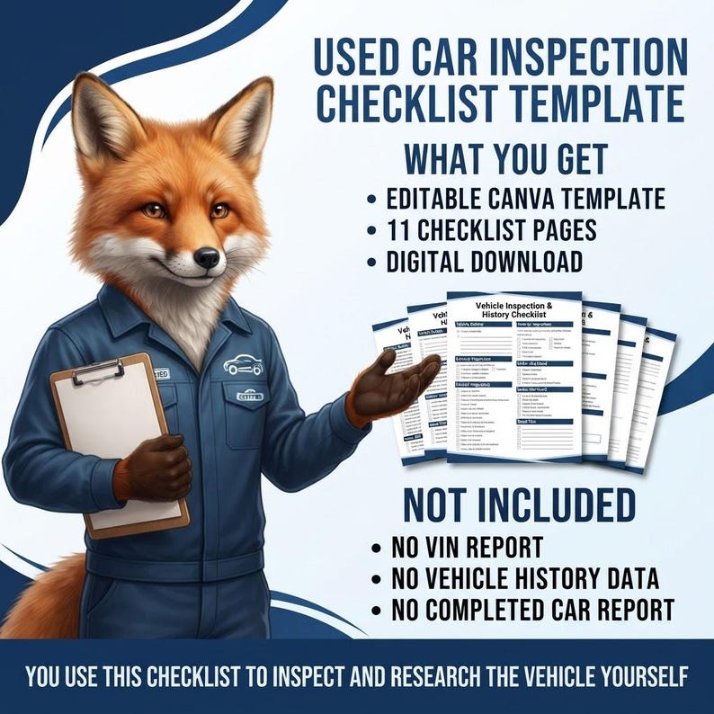Peut inclure: Un mod&egrave;le num&eacute;rique de liste de contr&ocirc;le pour inspection de voiture d'occasion avec un renard illustr&eacute; en uniforme bleu de m&eacute;canicien tenant un presse-papier. Le texte inclut USED CAR INSPECTION CHECKLIST TEMPLATE et 11 CHECKLIST PAGES.