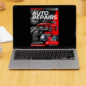 May include: A black and red advertisement for auto repairs. The ad features a red car and the text "AUTO REPAIRS SERVICES". The ad also lists services offered, a phone number, and a website address.