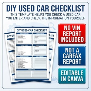 Peut inclure: Un mod&egrave;le de liste de contr&ocirc;le pour voiture d'occasion comprenant des sections pour l'inspection ext&eacute;rieure, les d&eacute;tails int&eacute;rieurs, le moteur et la transmission, et les notes d'essai. Le document indique qu'aucun rapport VIN n'est inclus.