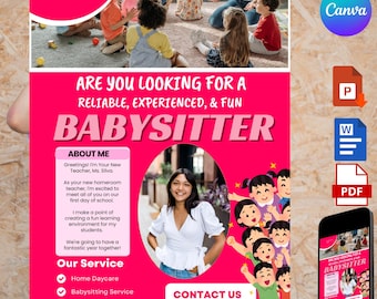 Editable Babysitter Flyer, Baby sitter Flyer, Small Business template ,Childcare Services Community Caretaker Printable Flyer, Resume
