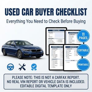 Peut inclure: Un mod&egrave;le num&eacute;rique de liste de contr&ocirc;le pour l'achat d'une voiture d'occasion avec une berline bleu fonc&eacute;, quatre pages de documents avec des cat&eacute;gories d'inspection et des badges bleus indiquant 11 PAGES, MODIFIABLE et IMPRIMABLE.