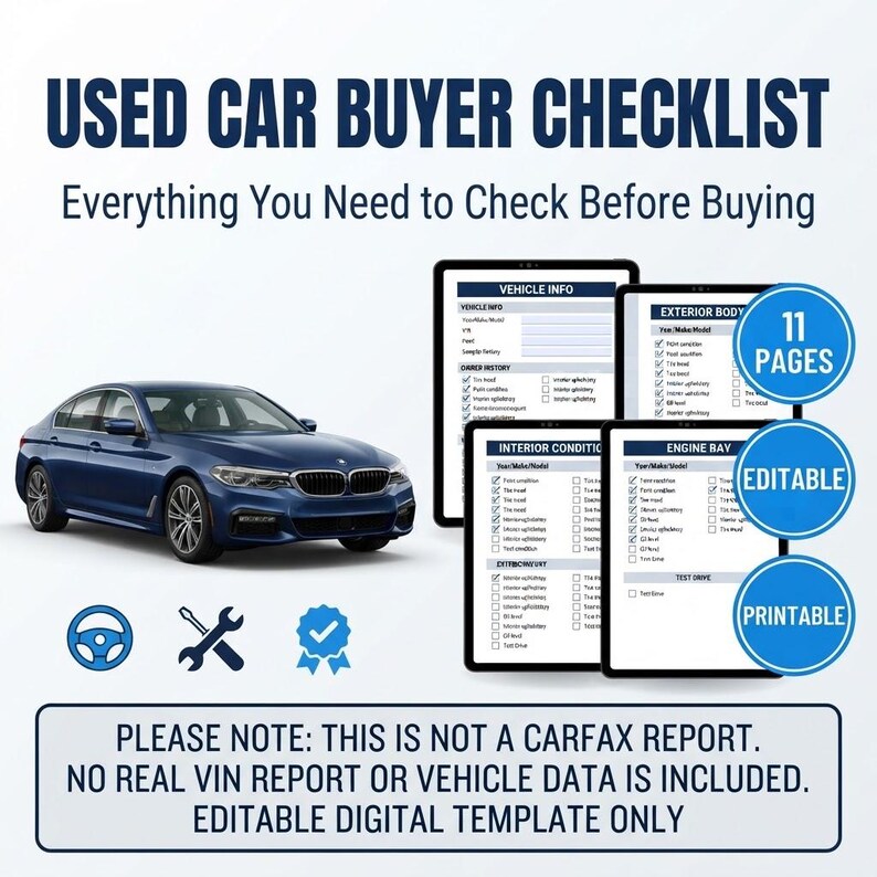 Peut inclure: Un mod&egrave;le num&eacute;rique de liste de contr&ocirc;le pour l'achat d'une voiture d'occasion avec une berline bleu fonc&eacute;, quatre pages de documents avec des cat&eacute;gories d'inspection et des badges bleus indiquant 11 PAGES, MODIFIABLE et IMPRIMABLE.