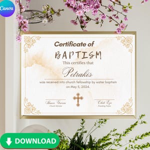 Plantilla de certificado de bautismo, certificados de bautismo de bebé personalizados, plantilla de iglesia. Certificado imprimible de ceremonia de bautizo moderno