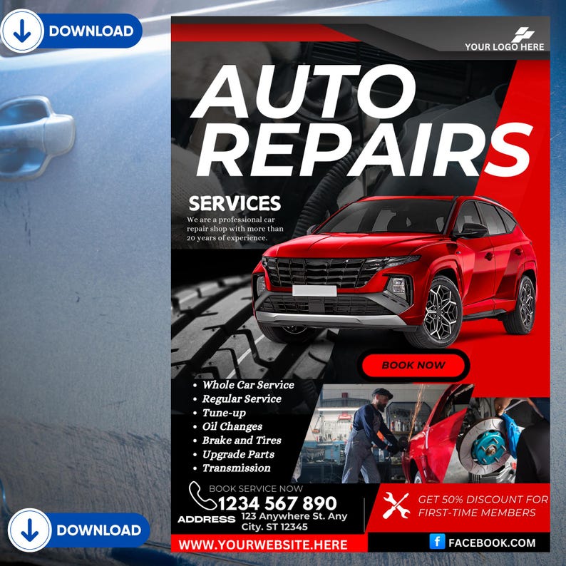May include: A red car is parked in front of a black and red poster advertising auto repair services. The poster includes the text "AUTO REPAIRS", "SERVICES", "BOOK NOW", "1234 567 890", "WWW.YOURWEBSITE.HERE", and "FACEBOOK.COM".