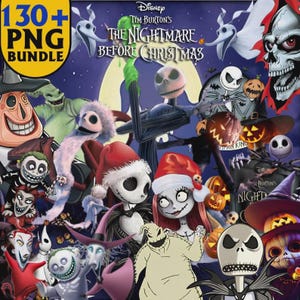 May include: A digital PNG bundle featuring characters from Tim Burton's "The Nightmare Before Christmas." The image includes Jack Skellington, Sally, Oogie Boogie, and other characters, with the text "130+ PNG BUNDLE" in a yellow circle.