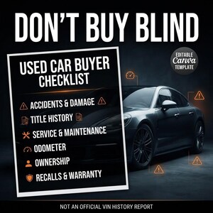 Puede incluir: Un gr&aacute;fico digital titulado DON'T BUY BLIND que muestra una USED CAR BUYER CHECKLIST con iconos para accidentes, historial de t&iacute;tulo, mantenimiento, od&oacute;metro, propiedad y retiradas. Un coche gris oscuro es visible con iconos de advertencia.