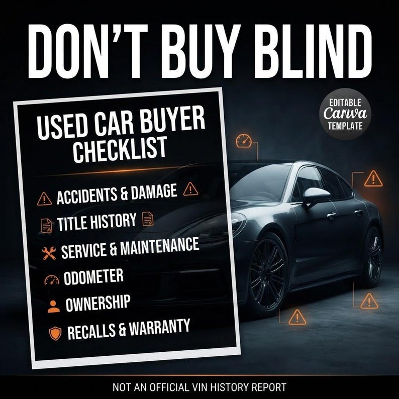 Puede incluir: Un gr&aacute;fico digital titulado DON'T BUY BLIND que muestra una USED CAR BUYER CHECKLIST con iconos para accidentes, historial de t&iacute;tulo, mantenimiento, od&oacute;metro, propiedad y retiradas. Un coche gris oscuro es visible con iconos de advertencia.