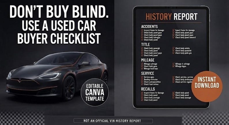 Puede incluir: Un gr&aacute;fico digital que muestra un coche negro a la izquierda y una tableta a la derecha con una lista de verificaci&oacute;n de historial. El texto dice: DON'T BUY BLIND. USE A USED CAR BUYER CHECKLIST, EDITABLE CANVA TEMPLATE, INSTANT DOWNLOAD, NOT AN OFFICIAL VIN HISTORY REPORT.