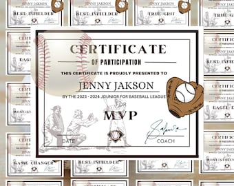 Editable Baseball Team Award Certificates: DIY End of Season Template (Canva Editable)