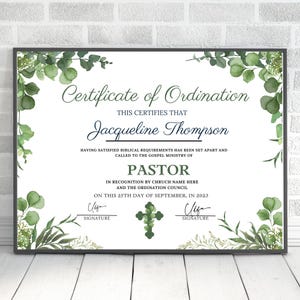 Plantilla de certificado de ordenación, plantilla editable de Canva, formulario de certificado de ministerio del evangelio, certificado de pastor, certificado de diácono