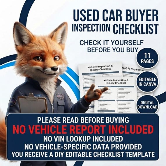 Editable Used Car Buyer Inspection Checklist, Pre-Purchase Guide (Digital Download)
