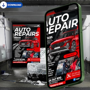 May include: A red car is being washed in a car wash. A sign behind the car advertises auto repair services with the text "Auto Repairs Services" and a phone number. A mobile phone screen shows a similar advertisement for auto repair services with the text "Auto Repair Services" and the text "Get 50% Discount for First-Time Members".