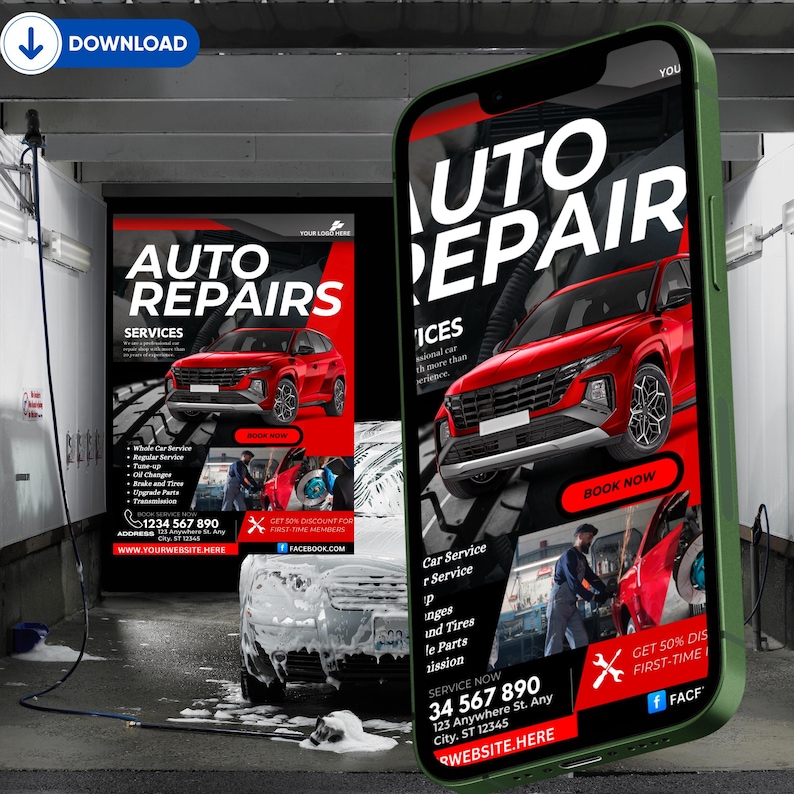 May include: A red car is being washed in a car wash. A sign behind the car advertises auto repair services with the text "Auto Repairs Services" and a phone number. A mobile phone screen shows a similar advertisement for auto repair services with the text "Auto Repair Services" and the text "Get 50% Discount for First-Time Members".