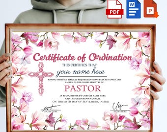 Editable Ordination Certificate Template: Floral Design (Digital Download)