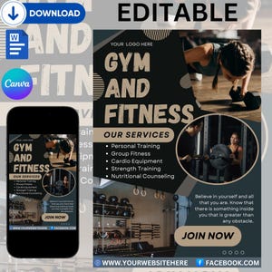 Puede incluir: Un folleto de gimnasio y fitness negro y marrón con una cita motivacional y una llamada a la acción para unirse ahora. El folleto enumera los servicios que se ofrecen, que incluyen entrenamiento personal, fitness grupal, equipo cardiovascular, entrenamiento de fuerza y asesoramiento nutricional. El folleto también incluye un sitio web y una página de Facebook.