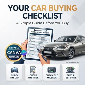 Puede incluir: Una plantilla digital de lista de verificaci&oacute;n para comprar un coche con el texto YOUR CAR BUYING CHECKLIST, A Simple Guide Before You Buy y EDITABLE CANVA TEMPLATE. Incluye un portapapeles, un sed&aacute;n plateado y cuatro iconos.