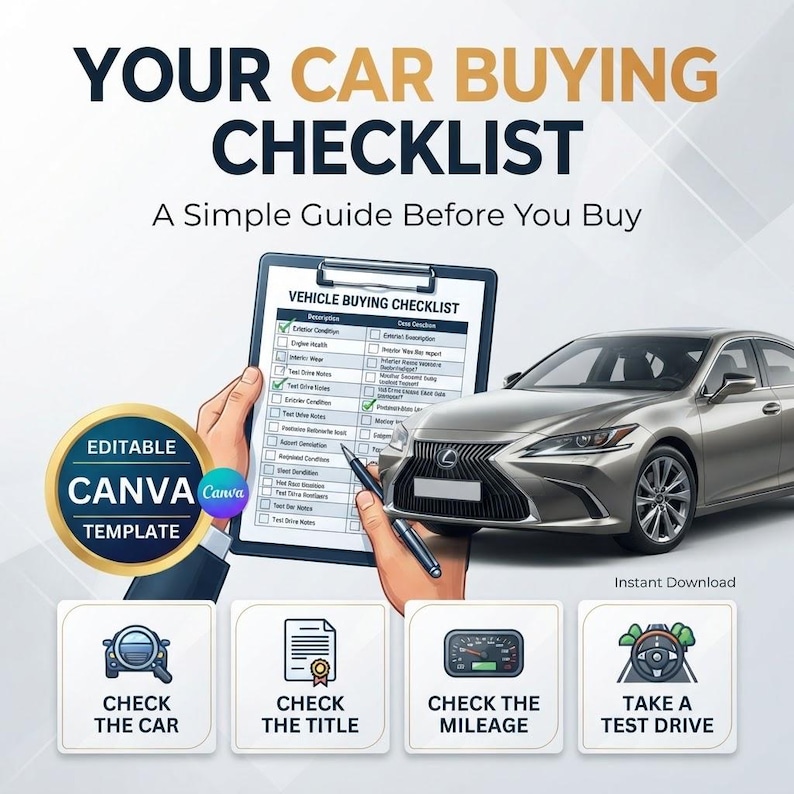 Puede incluir: Una plantilla digital de lista de verificaci&oacute;n para comprar un coche con el texto YOUR CAR BUYING CHECKLIST, A Simple Guide Before You Buy y EDITABLE CANVA TEMPLATE. Incluye un portapapeles, un sed&aacute;n plateado y cuatro iconos.