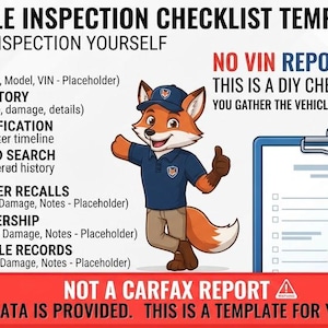 Peut inclure: Un mod&egrave;le de liste de contr&ocirc;le pour inspection de v&eacute;hicule DIY avec un personnage de renard. Le texte inclut des titres comme Full Title, Accident History et Mileage Verification. Un presse-papier bleu et un badge Canva sont visibles.
