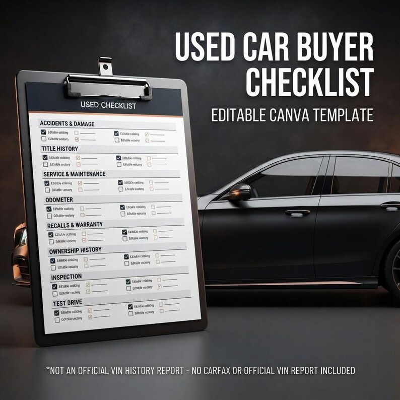 Puede incluir: Un portapapeles negro con una hoja blanca titulada USED CAR BUYER CHECKLIST con secciones para accidentes, historial, mantenimiento, od&oacute;metro, retiradas, propiedad, inspecci&oacute;n y prueba de conducci&oacute;n. Incluye texto editable.