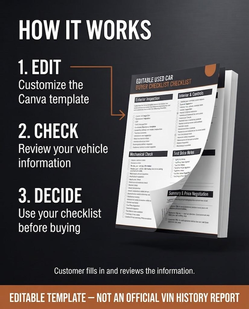 Puede incluir: Un documento digital en blanco y negro titulado Editable Used Car Buyer Checklist con secciones para inspecci&oacute;n exterior, interior, controles, revisi&oacute;n mec&aacute;nica, notas de prueba y negociaci&oacute;n de precios, mostrado con una p&aacute;gina doblada.