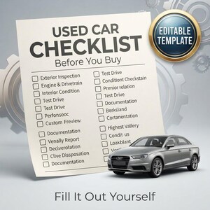 Puede incluir: Una lista de verificaci&oacute;n en papel blanco titulada USED CAR CHECKLIST Before You Buy con elementos de inspecci&oacute;n y casillas de verificaci&oacute;n. Un sed&aacute;n plateado aparece en la esquina inferior derecha. Una insignia circular azul y dorada dice EDITABLE TEMPLATE.