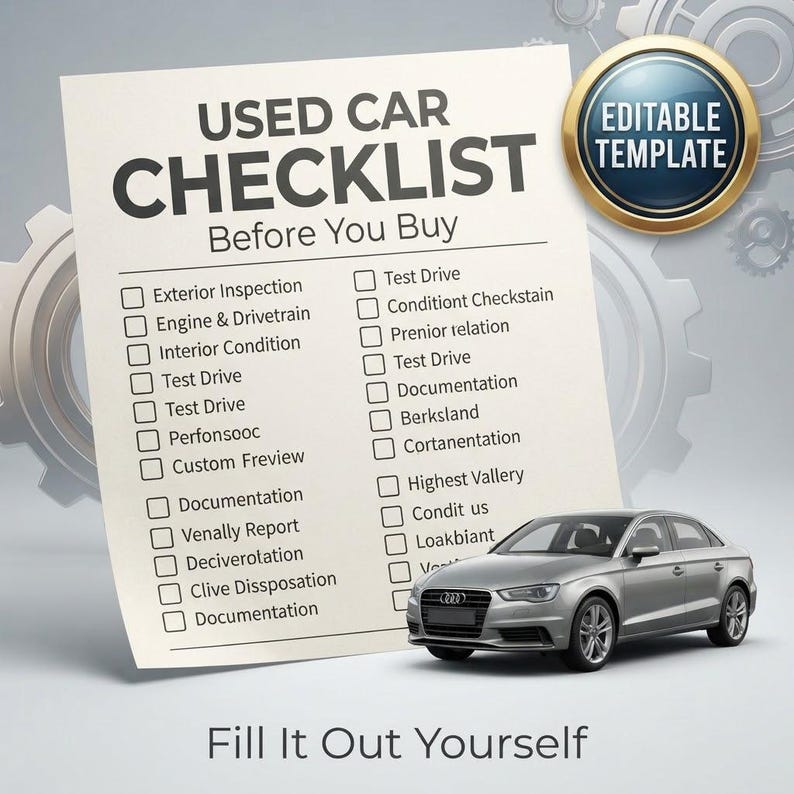 Puede incluir: Una lista de verificaci&oacute;n en papel blanco titulada USED CAR CHECKLIST Before You Buy con elementos de inspecci&oacute;n y casillas de verificaci&oacute;n. Un sed&aacute;n plateado aparece en la esquina inferior derecha. Una insignia circular azul y dorada dice EDITABLE TEMPLATE.