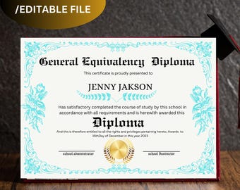 Printable GED Diploma Template- High School Diploma School Equivalency Diploma- Editable Diploma Replica Template- Digital Download