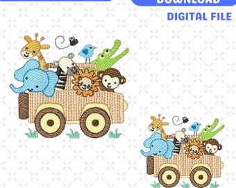 Safari Animals in Car Embroidery Design: Machine Embroidery Pattern (Instant Download)