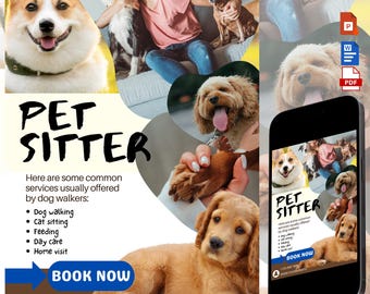 Edytowalny szablon ulotki dla opiekuna zwierząt: osoba wyprowadzająca psy, opiekunka kotów (MS Word, Canva)