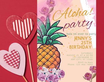 Hawaii Geburtstagseinladung, digitale Vorlage, Aloha/ Aloha-Party, Luau , tropical, Geburtstagseinladung, Mädchen, personalisiert, Download