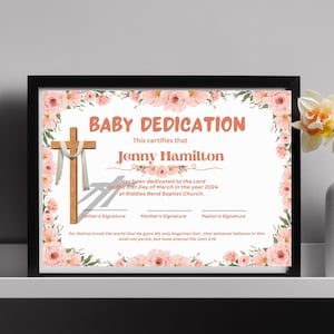 Certificado de Dedicación de Bebé/Certificado de Bebé Editable/Certificado de Bautizo, Plantilla Canva - Dedicación de Niña/Descarga digital