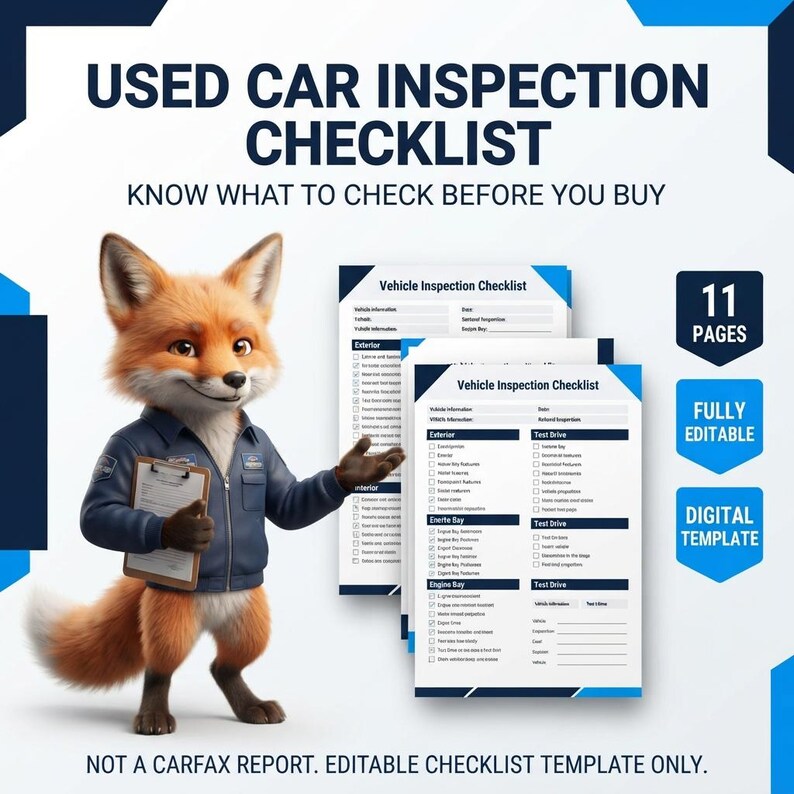 Peut inclure: Un mod&egrave;le num&eacute;rique de liste de contr&ocirc;le pour l'inspection de voitures d'occasion avec un renard orange en uniforme bleu tenant un presse-papier. Le document comprend 11 pages de formulaires d'inspection avec des sections ext&eacute;rieur et int&eacute;rieur.