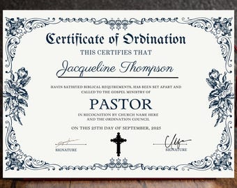 Editable Ordination Certificate Template: Vintage Ministry Design (Digital Download)