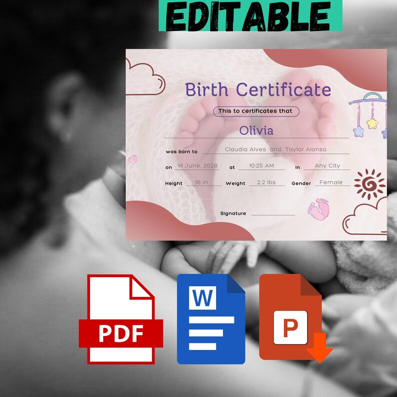 Image showcasing Printable Baby Birth Certificate Template: Keepsake Gift (digital ...