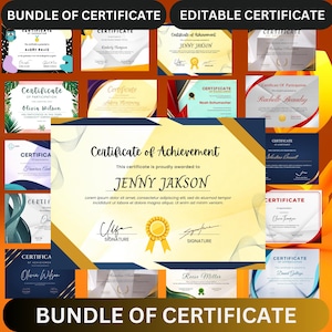Könnte beinhalten: Eine Sammlung editierbarer Zertifikatvorlagen in verschiedenen Designs. Die Zertifikate zeigen Texte wie "Certificate of Achievement" und "Certificate of Participation". Das Bild enthält den Text "BUNDLE OF CERTIFICATE" und "EDITABLE CERTIFICATE."