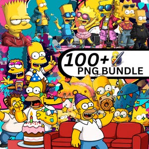 Puede incluir: Una vibrante obra de arte digital con múltiples personajes de la serie de dibujos animados Los Simpson. La imagen incluye varias poses de Bart, Lisa, Homer y otros personajes, con el texto "100+ PNG BUNDLE" superpuesto.