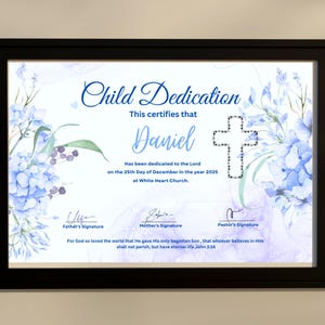 Plantilla de certificado de dedicación de bebé/Certificado de dedicación de niño editable/Certificado de bautizo de bebé imprimible (Canva)