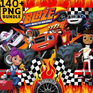 Puede incluir: Gráfico digital con personajes y vehículos de la serie animada "Blaze and the Monster Machines". La imagen incluye el logotipo del programa, monster trucks y personajes, con un fondo de fuego y banderas a cuadros. El texto dice "140+ PNG BUNDLE."