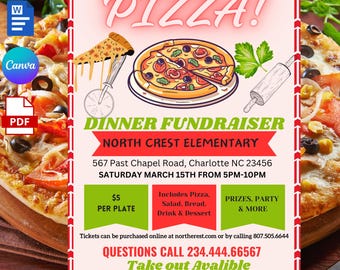 Pizza Fundraiser Flyer Editable Template: Dinner Event (Digital Food Menu)