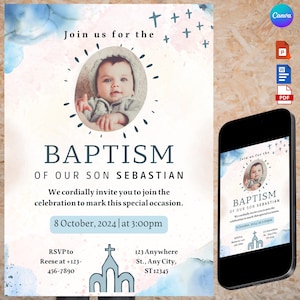Faire-part de dédicace, modèle modifiable d'invitation de dédicace, modèle d'invitation de dédicace de bébé garçon imprimable, carte de baptême de garçon modifiable