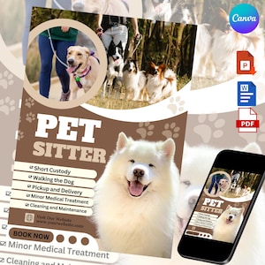 以下が含まれることがあります： ペットシッターのサービスを宣伝する茶色と白のチラシ。大きな白い文字で「ペットシッター」と書いてあります。チラシには、短時間のお預かり、犬の散歩、お迎えと配達、軽度の医療処置、清掃とメンテナンスなどのサービスが記載されています。チラシには、茶色の目をした白い犬が写っています。チラシには、ウェブサイトのアドレスと「今すぐ予約」ボタンも掲載されています。