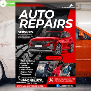 May include: A red poster with the text "AUTO REPAIRS" in large white letters. The poster advertises a car repair shop with services such as whole car service, regular service, tune-up, oil changes, brake and tires, upgrade parts, and transmission. The poster includes a phone number, address, and website. The poster also includes a red button that says "BOOK NOW" and a red and white cross with the text "GET 50% DISCOUNT FOR FIRST-TIME MEMBERS".