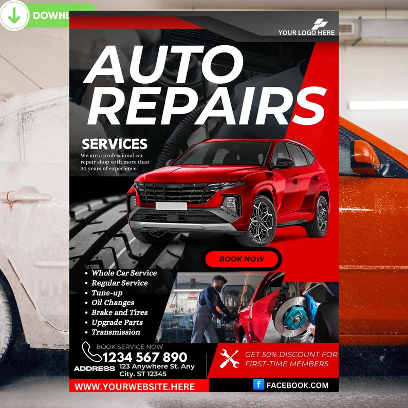 May include: A red poster with the text "AUTO REPAIRS" in large white letters. The poster advertises a car repair shop with services such as whole car service, regular service, tune-up, oil changes, brake and tires, upgrade parts, and transmission. The poster includes a phone number, address, and website. The poster also includes a red button that says "BOOK NOW" and a red and white cross with the text "GET 50% DISCOUNT FOR FIRST-TIME MEMBERS".