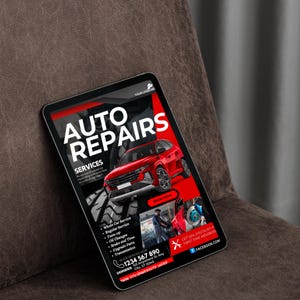 May include: A red car is featured on a black and red flyer advertising auto repair services. The flyer lists services such as whole car service, regular service, tune-up, oil changes, brake and tires, upgrade parts, and transmission. The flyer also includes a phone number, address, and website. The text "GET 50% DISCOUNT FIRST TIME MEMBERS" is also included on the flyer.